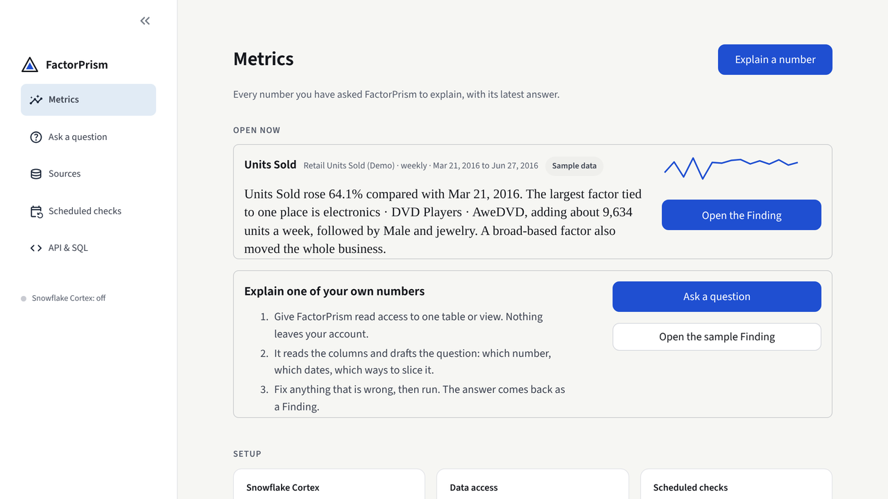 FactorPrism's Metrics screen with an open Finding and the way to ask a new question