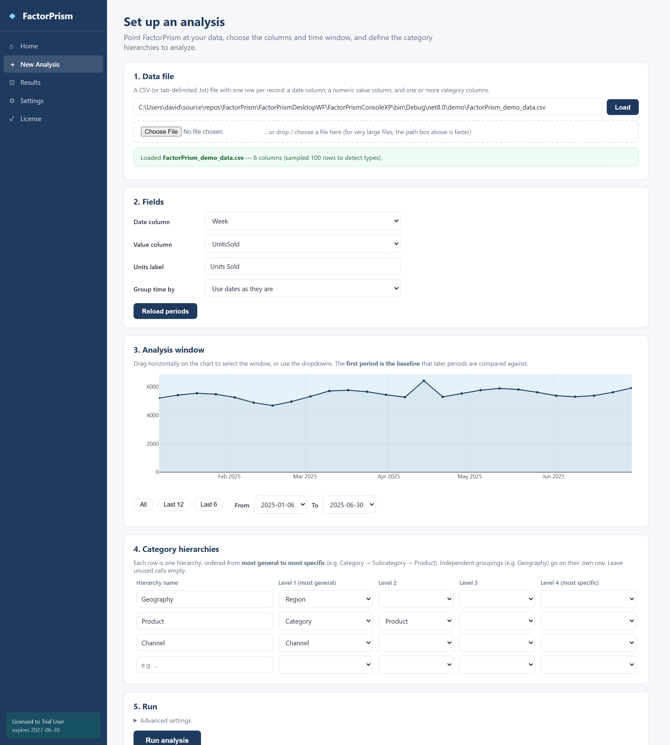FactorPrism® setup: load a CSV, choose columns, define hierarchies, select the analysis window on a chart